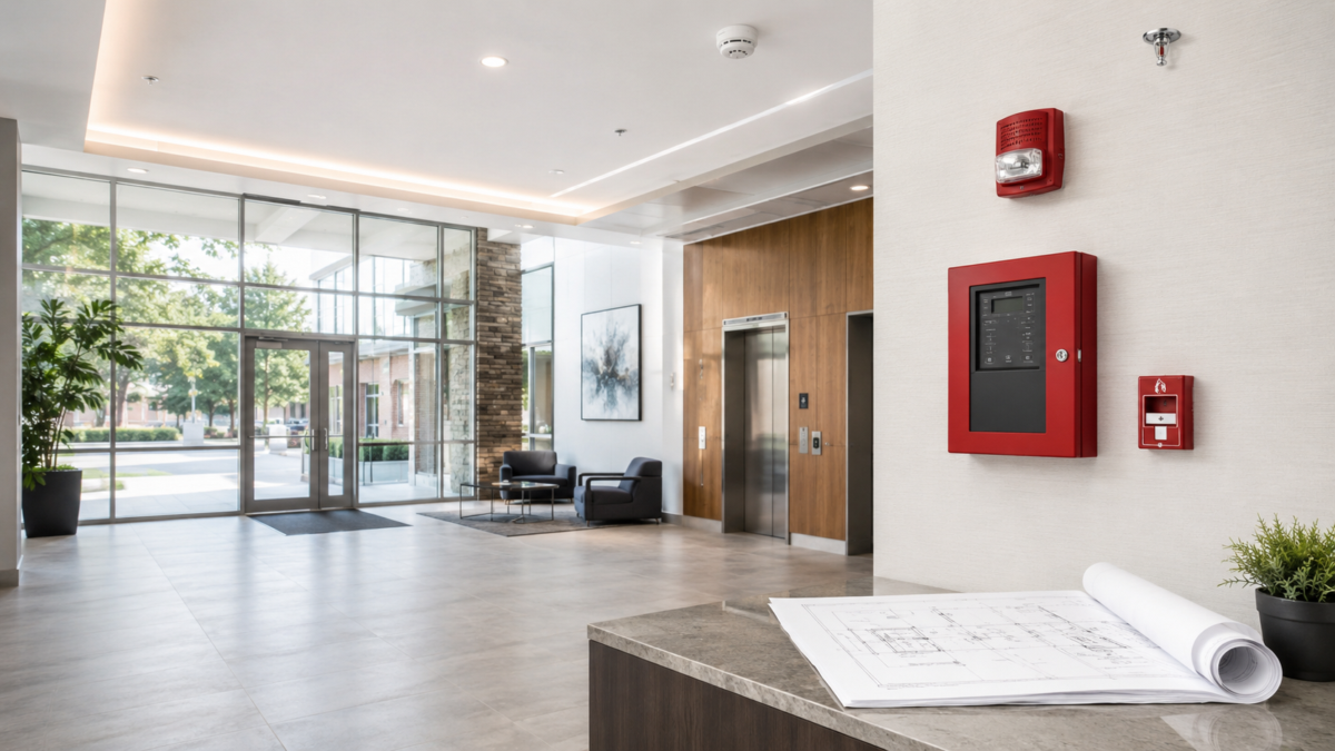 Commercial fire alarm notification devices installed in a commercial building
