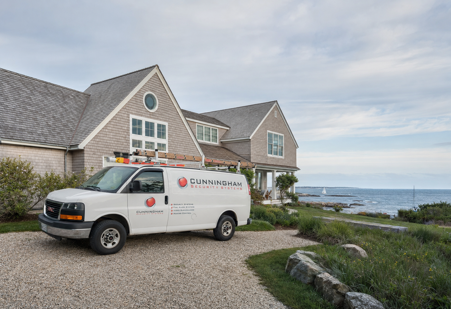 Cunningham Security Systems service van outside a New England coastal home overlooking the ocean”