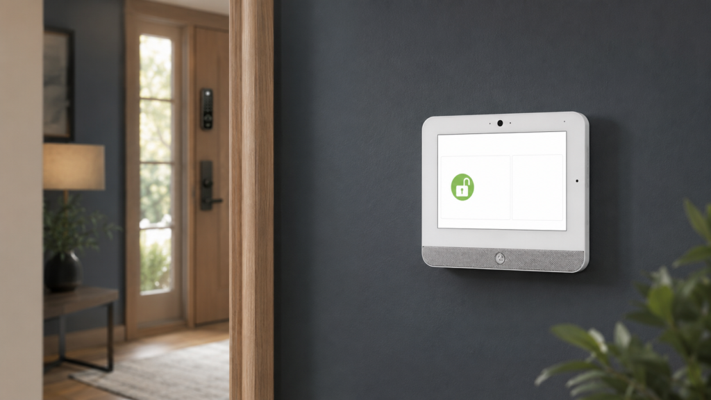 A Qolsys IQ5 panel sits on a wall with big updates.
