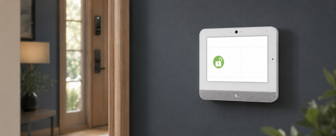 A Qolsys IQ5 panel sits on a wall with big updates.
