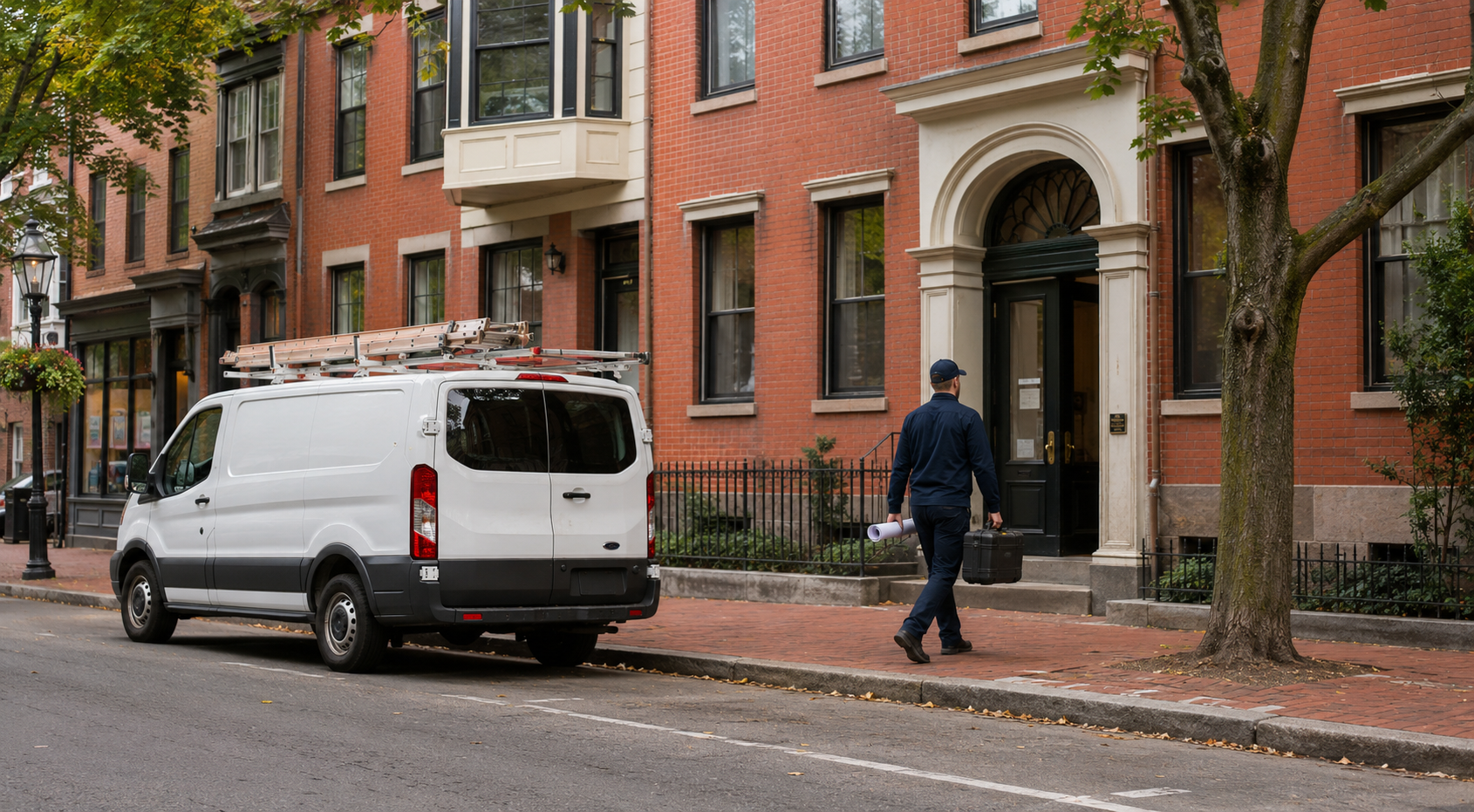 Service van parked on a street of brick rowhouses in a historic district