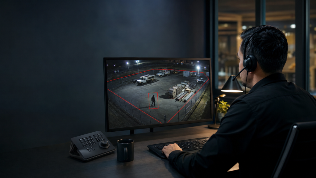 Virtual security guard operator reviewing live video from a protected commercial property