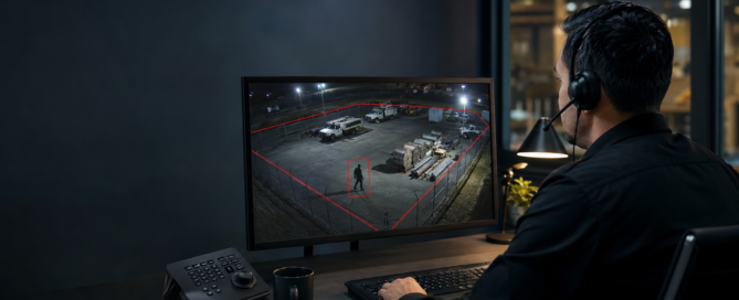 Virtual security guard operator reviewing live video from a protected commercial property