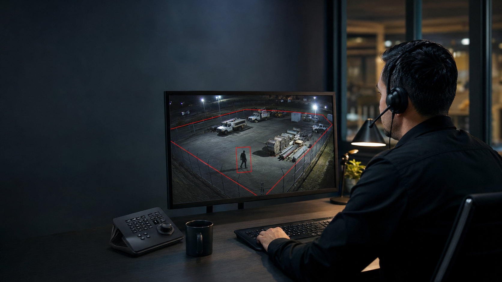 Virtual security guard operator reviewing live video from a protected commercial property