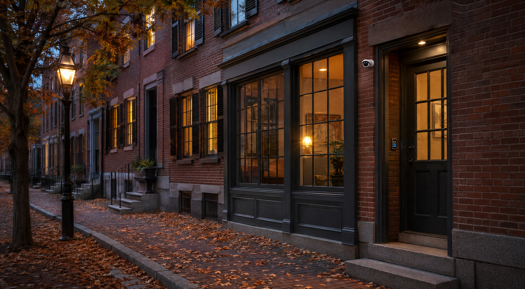 Street of brick rowhouses at dusk with a security camera mounted beside a shop entrance