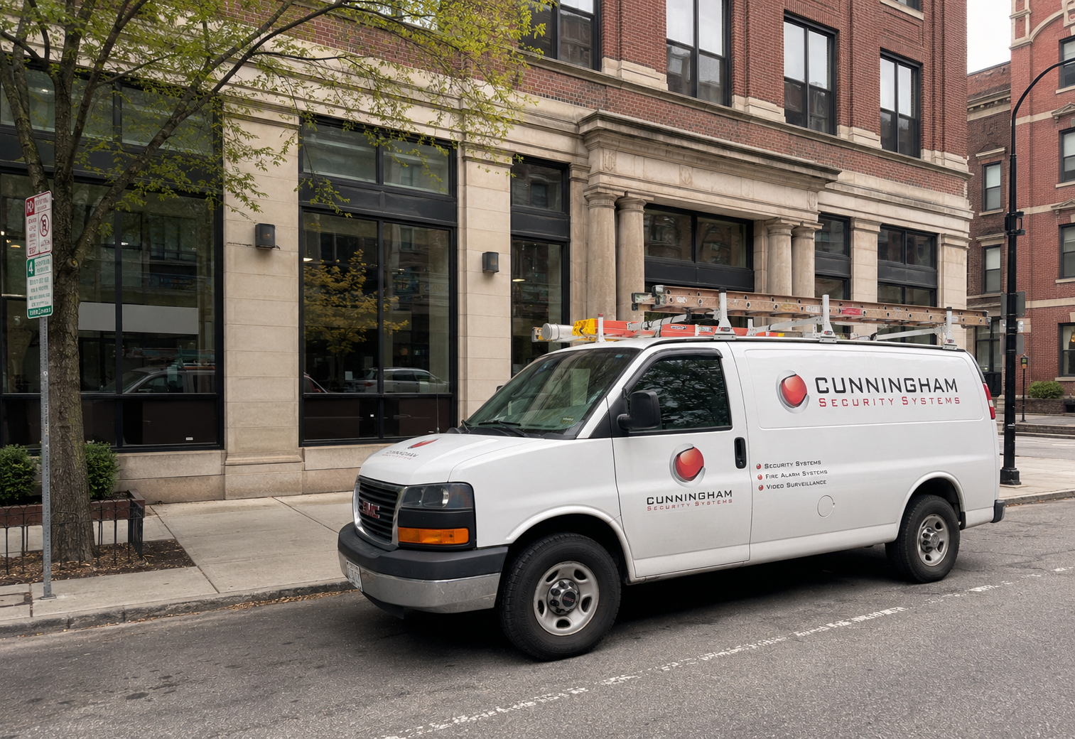 Cunningham Security Systems service van outside a Massachusetts commercial building