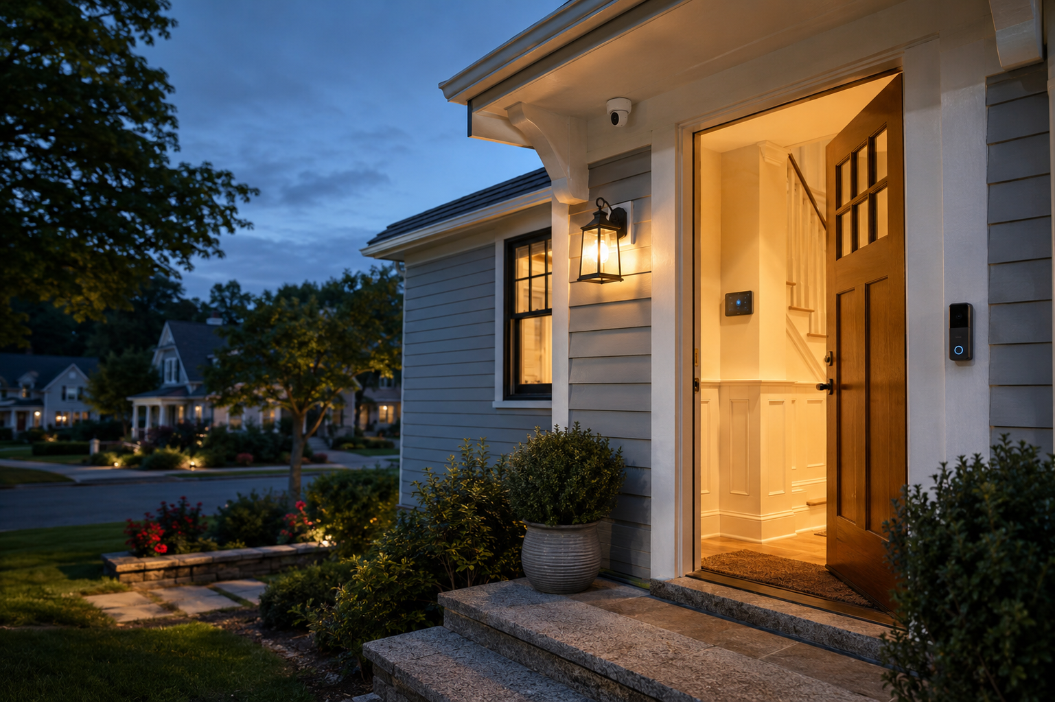 Massachusetts home at dusk with a video doorbell, outdoor security camera, and smart alarm panel visible in the entryway