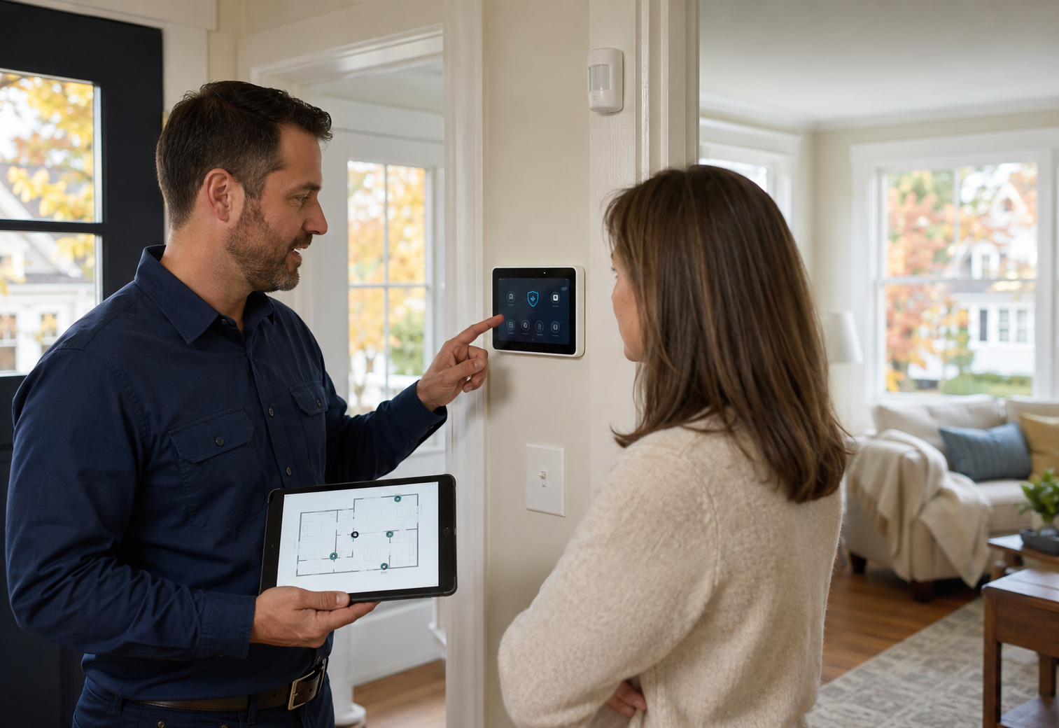 Security technician reviewing an alarm panel and floor plan with a homeowner during a system walkthrough