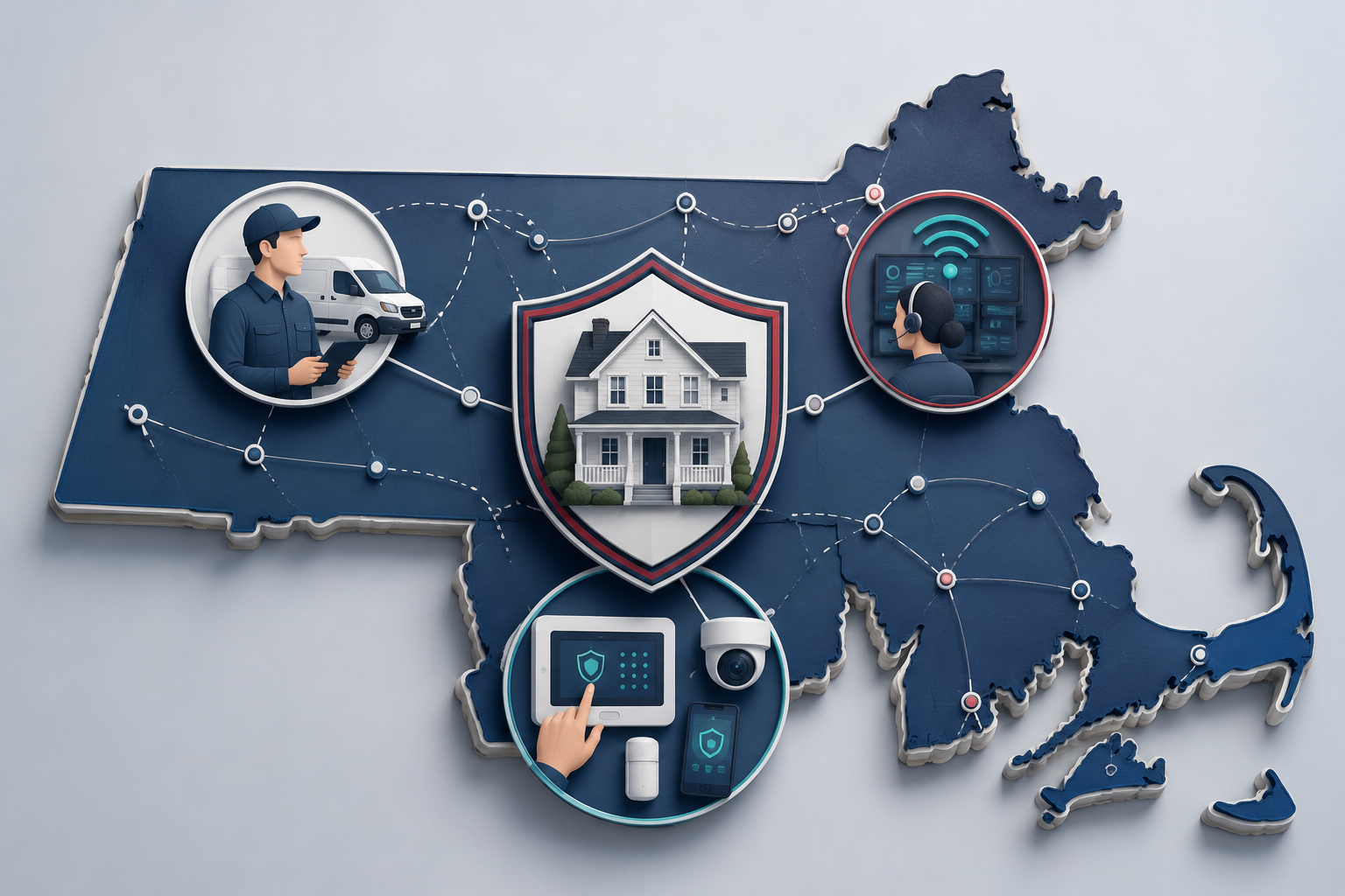 Illustrated map of Massachusetts connecting local alarm service, professional monitoring, and home security equipment