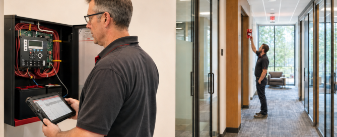 A man performs fire alarm retesting after upgrading the system