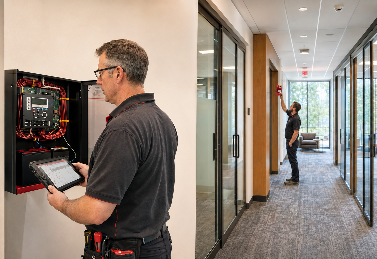 A man performs fire alarm retesting after upgrading the system