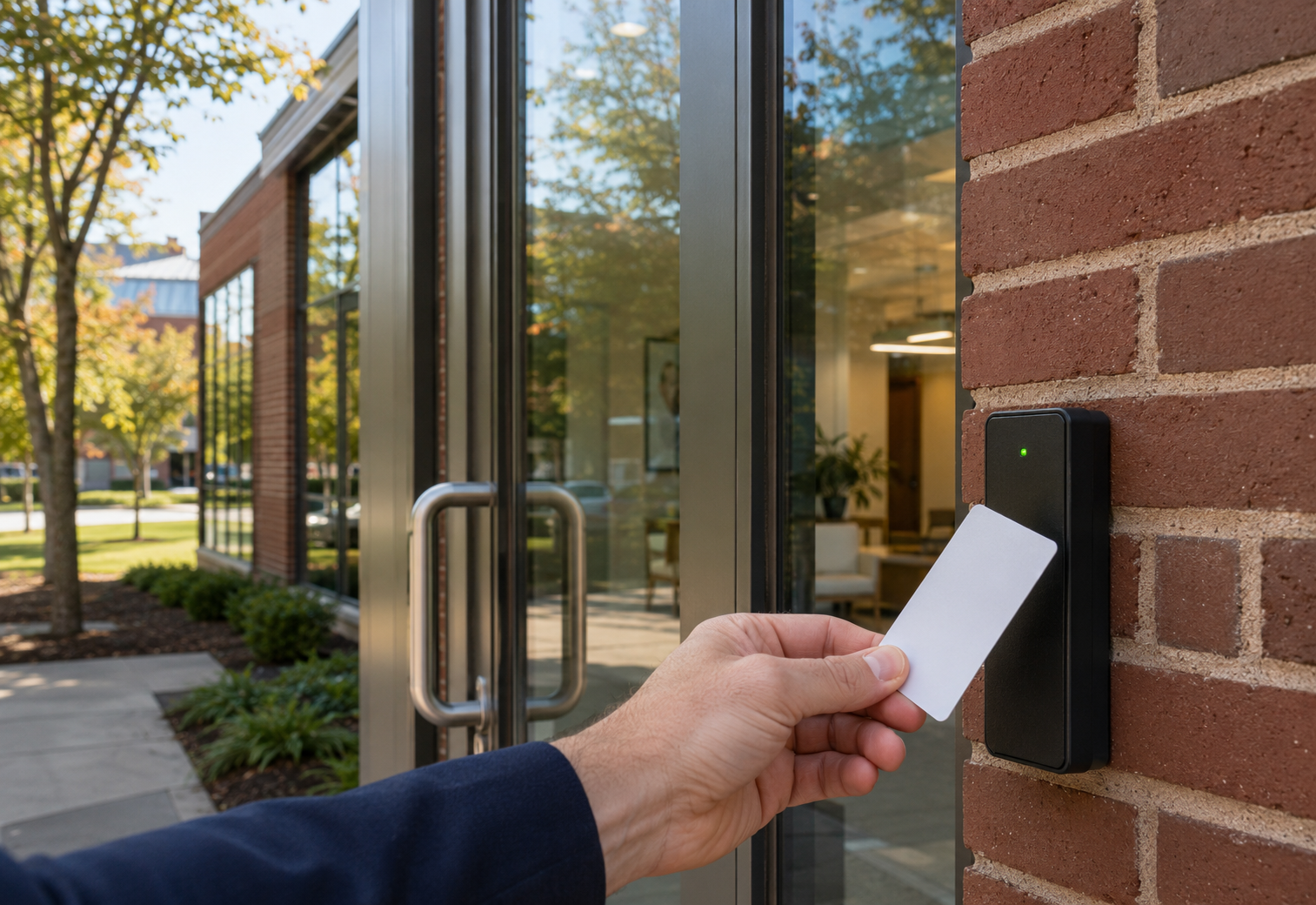 An access card held beside a wall-mounted reader at a brick commercial building entrance
