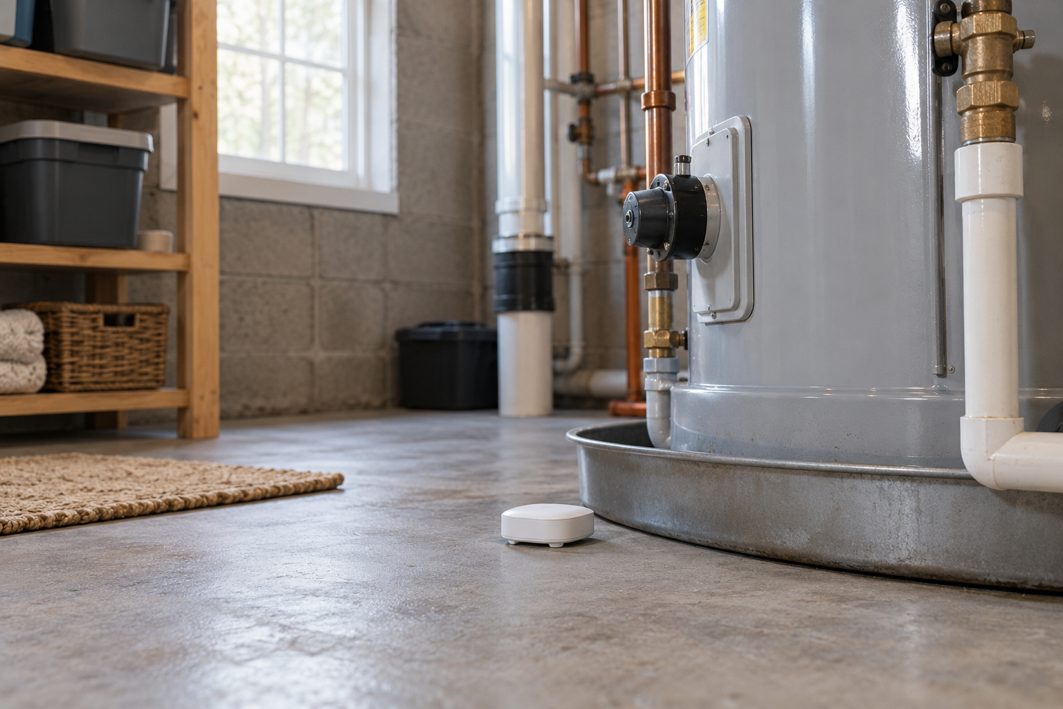 Illustration: Water leak sensor on a basement floor beside a water heater