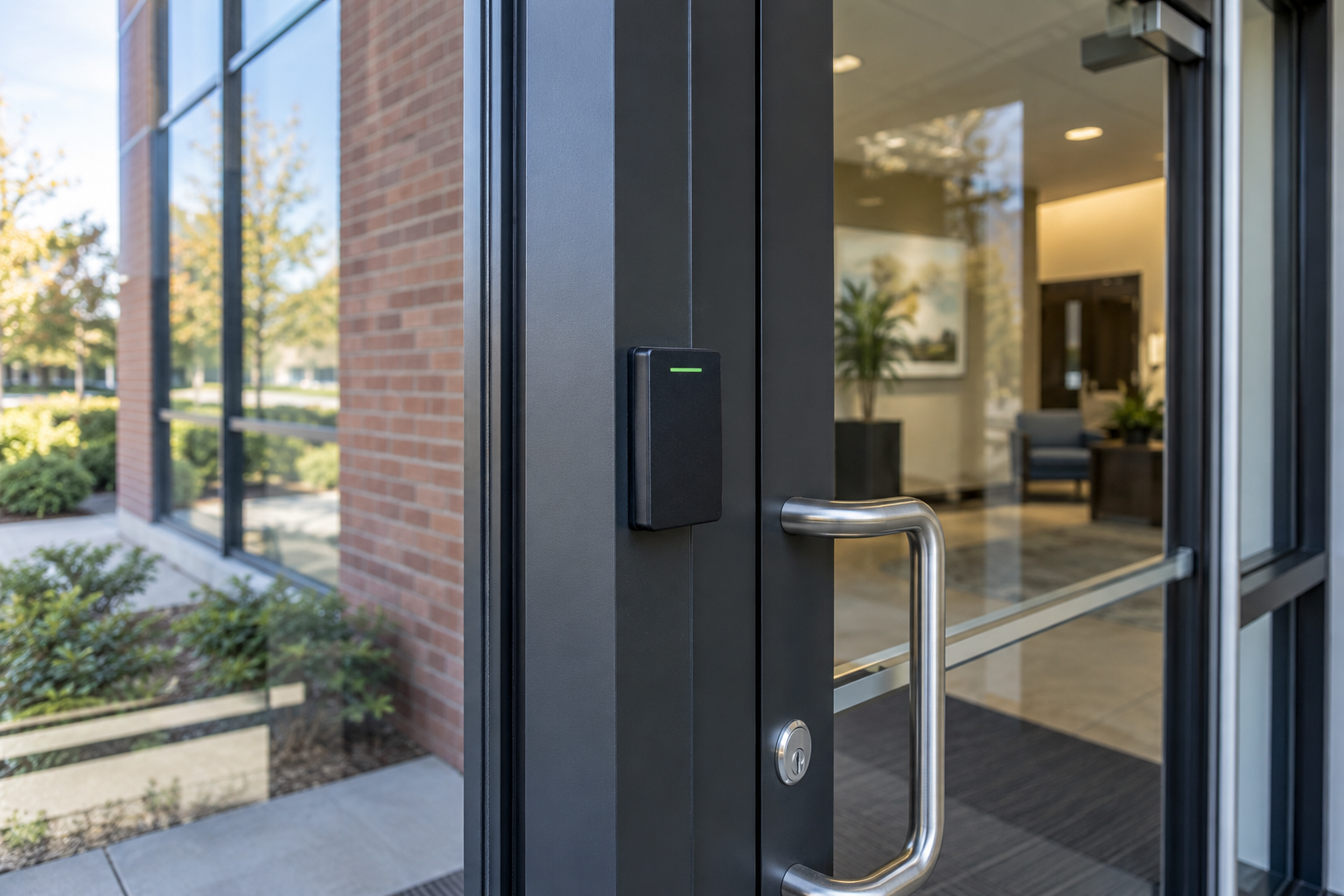 Illustration: Card reader beside a commercial glass entry door