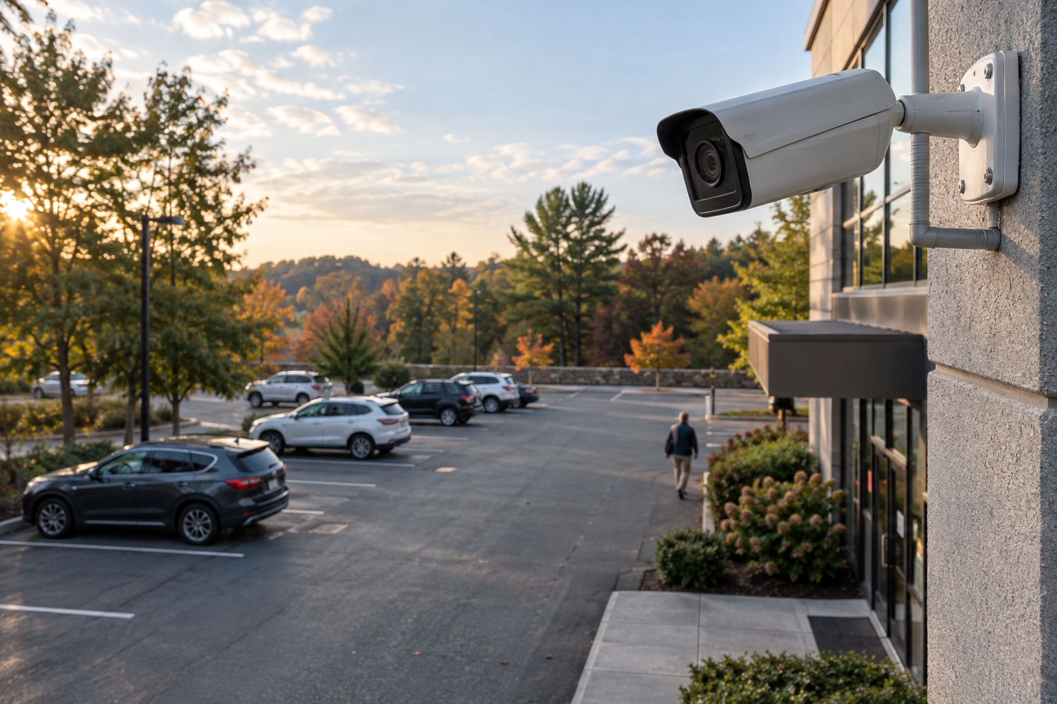 Illustration: Exterior security camera overlooking a small business parking area