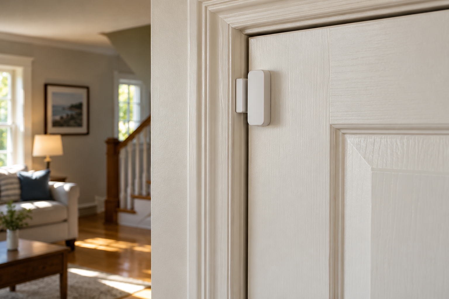 Illustration: Door contact sensor and aligned magnet on an interior door frame