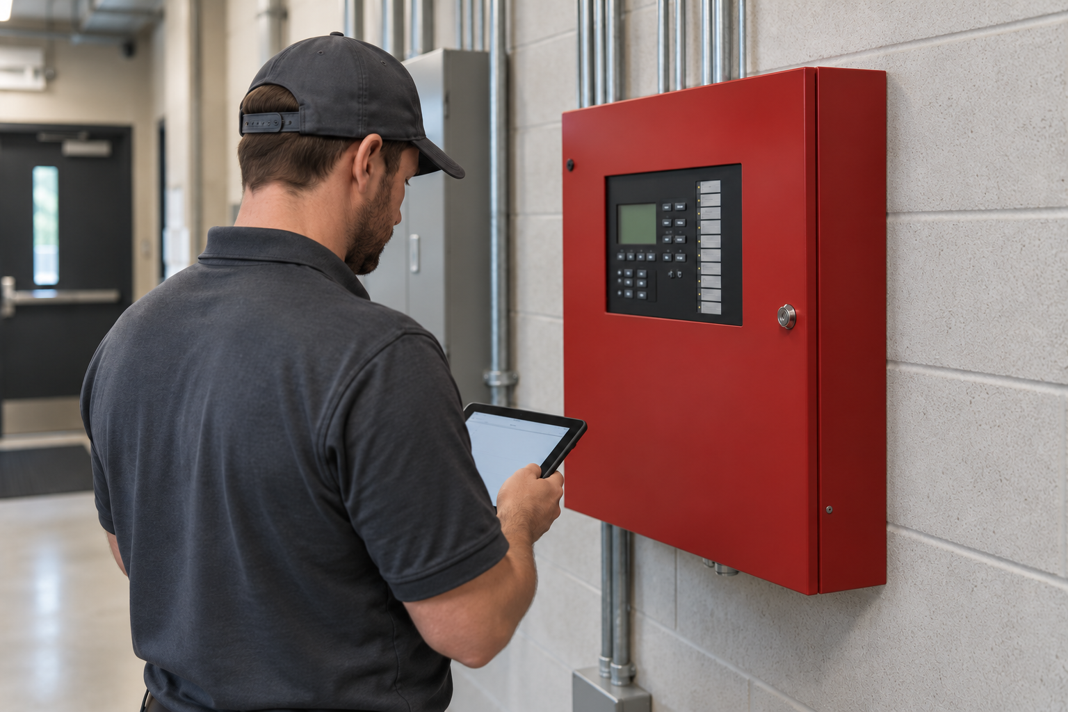 Illustration: Technician recording inspection notes beside a closed fire alarm panel