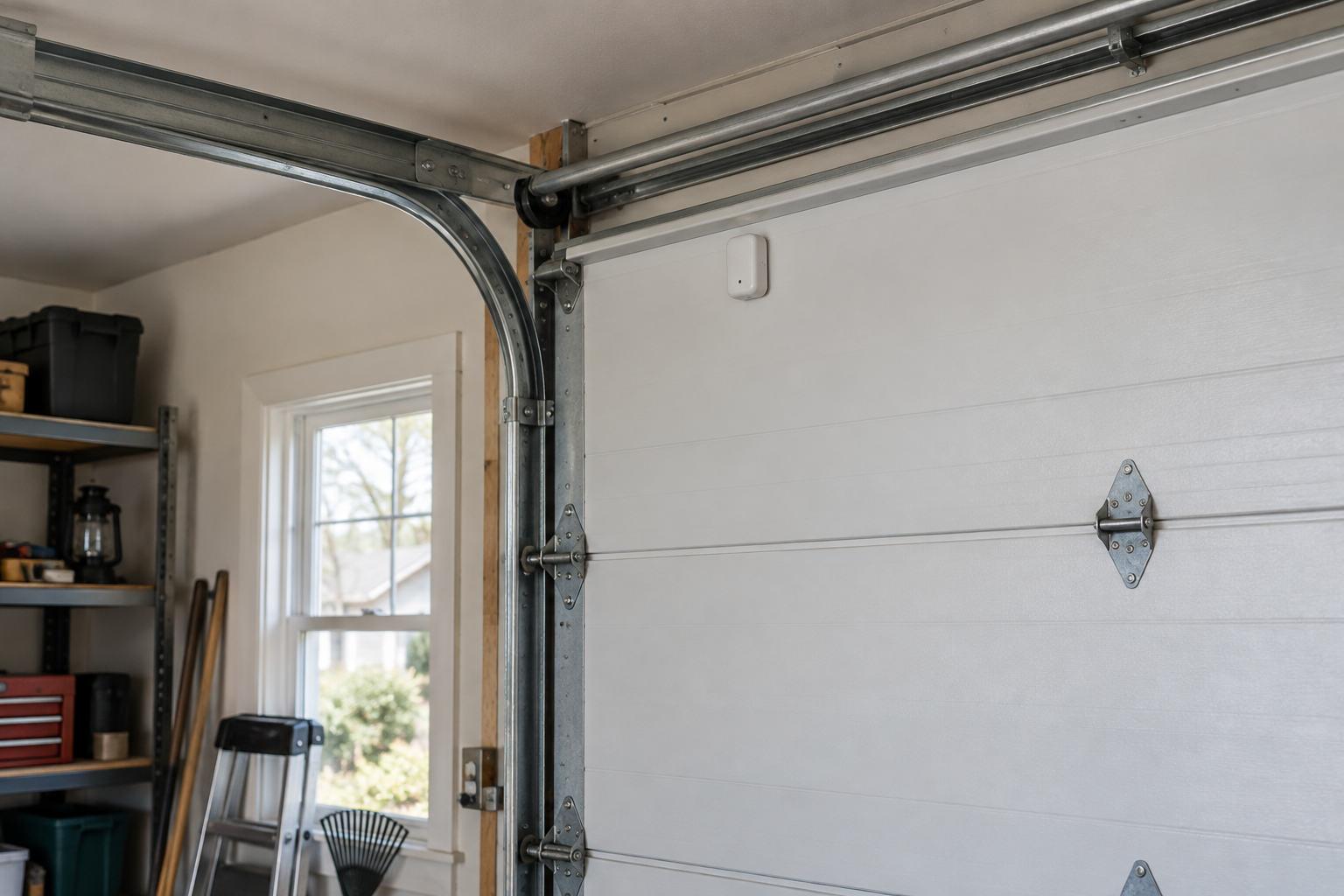 Illustration: Wireless position sensor on a closed residential garage door