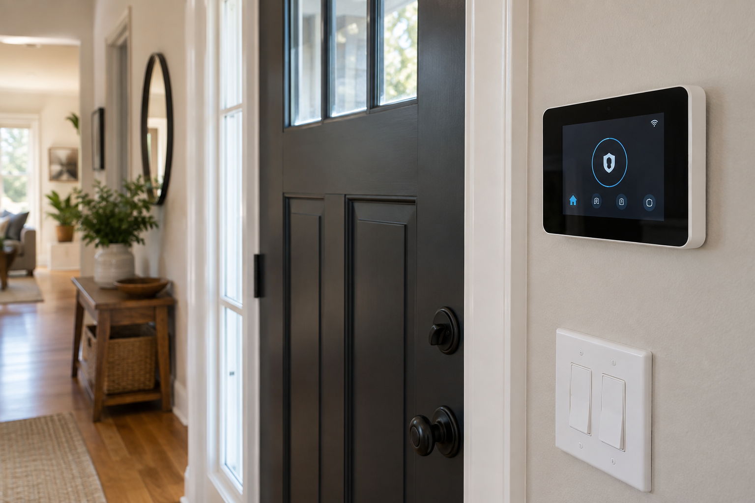 Illustration: Wall-mounted security keypad beside a home entry