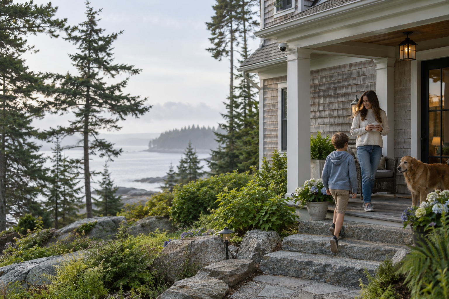 Illustration: Cedar-shingled coastal home with a discreet exterior camera