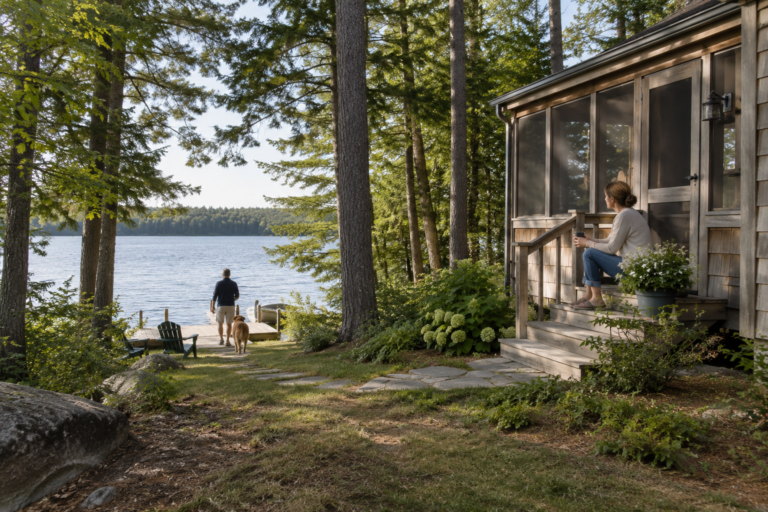 Illustration of a Maine-style seasonal home among pines beside a lake