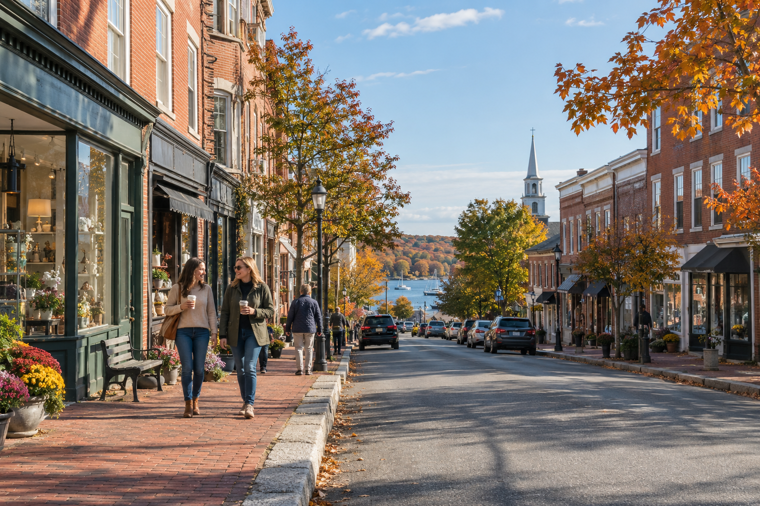 Illustration: Brick storefronts along a small Maine main street