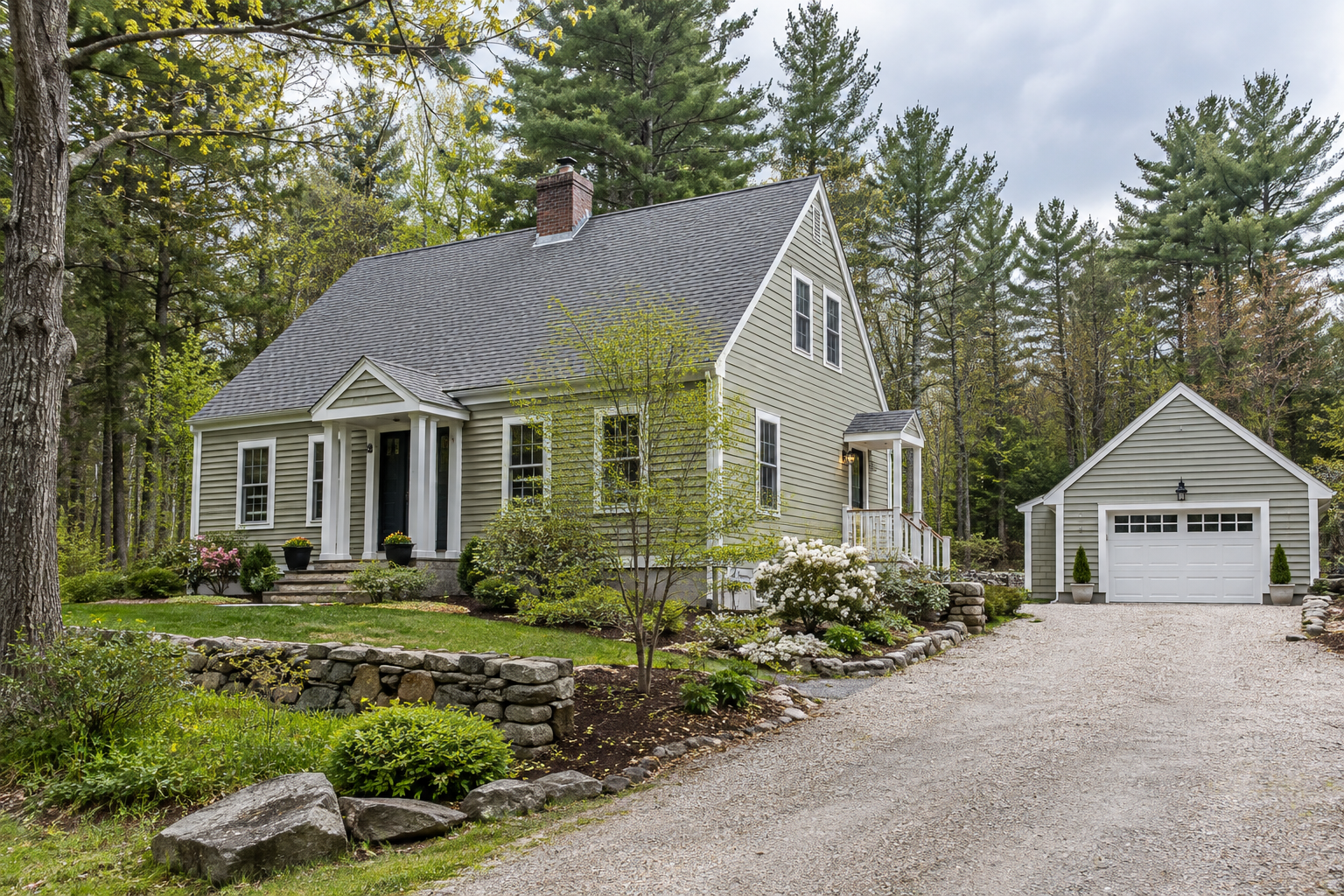 Illustration: Maine home and detached garage at the end of a wooded drive