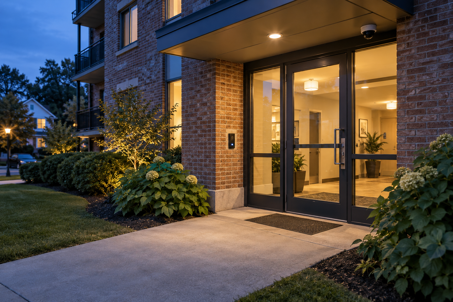 Illustration: Multi-unit residential entrance with a card reader at dusk