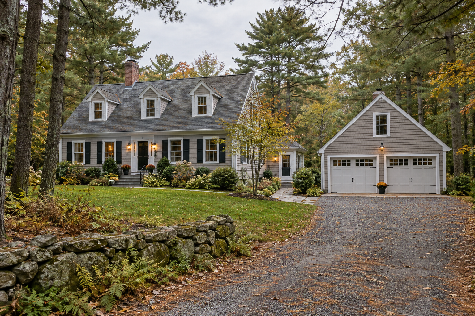 Cape-style home and detached garage beside a wooded driveway