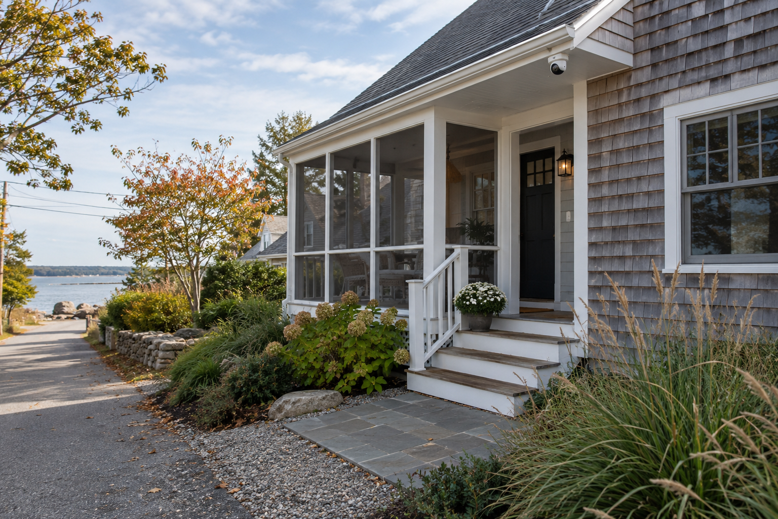 Coastal shingle cottage with a porch and discreet exterior camera