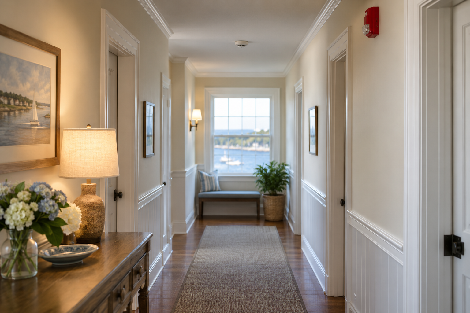 Fire alarm notification appliance in a small coastal inn corridor