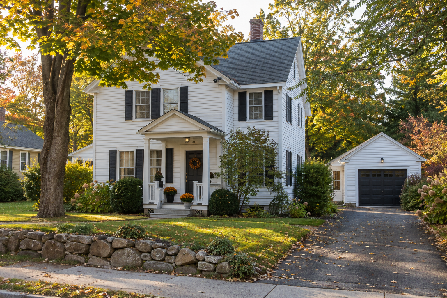 White clapboard colonial home with a garage and autumn trees