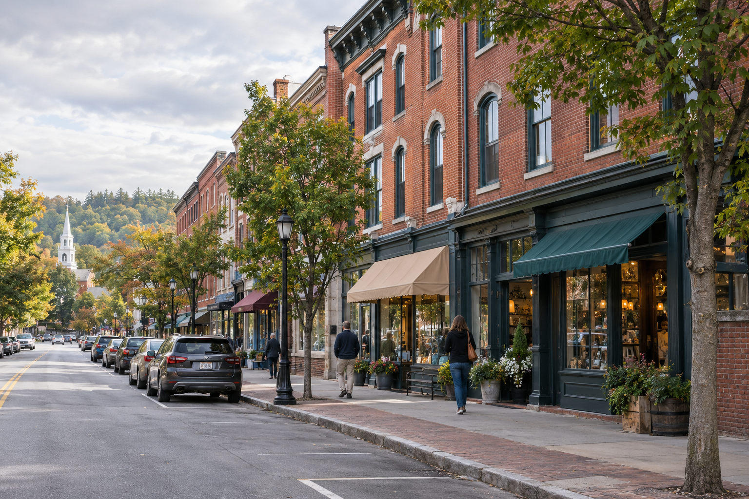 Historic brick storefronts along a small New England main street