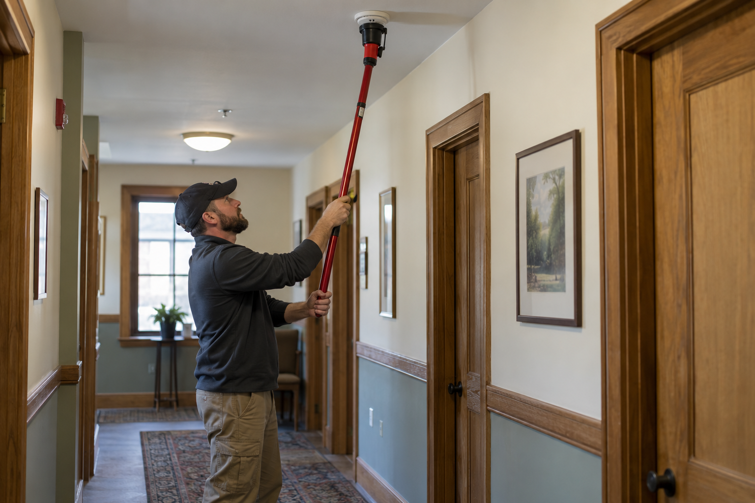 Technician using a detector test cup in an older commercial corridor