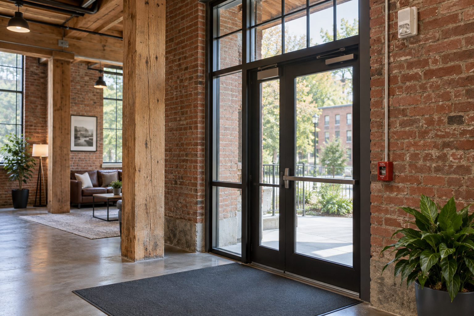 Fire alarm pull station and notification appliance in a brick building lobby