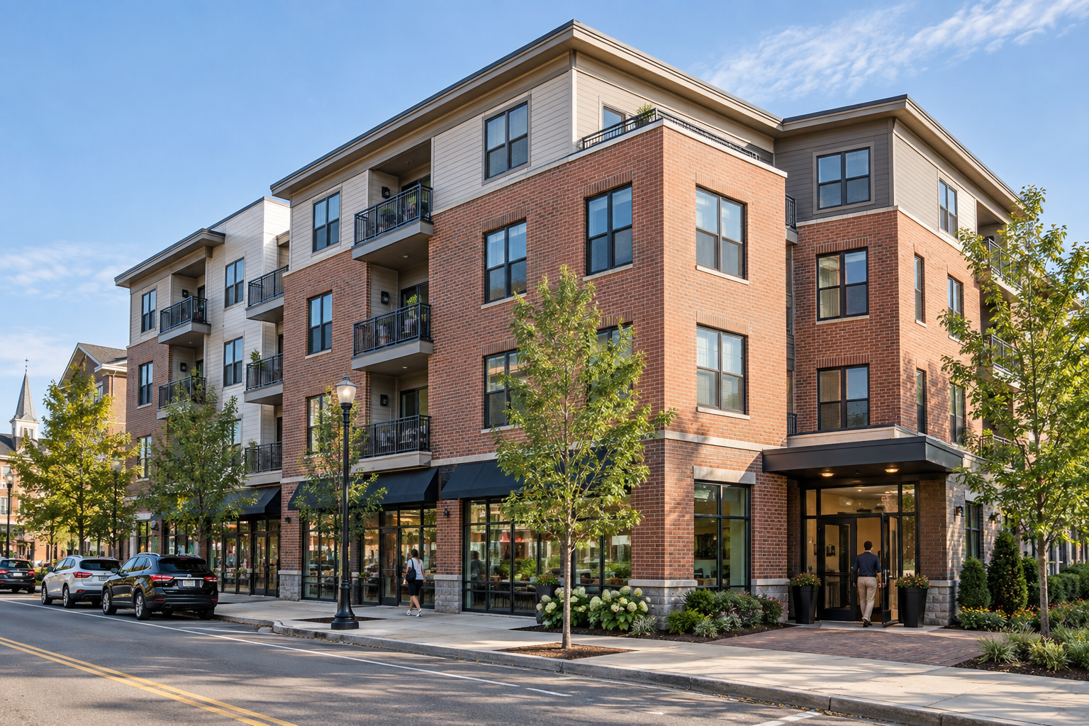 Modern apartment building with ground-floor shops and a shared entrance