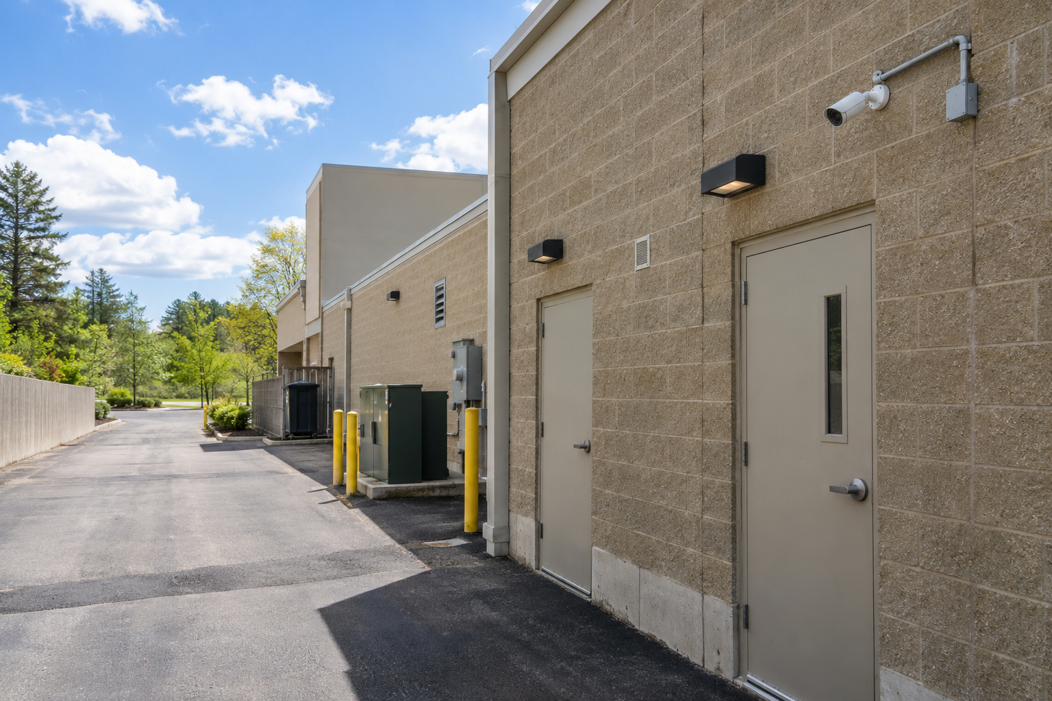Retail building service entrance with an exterior security camera