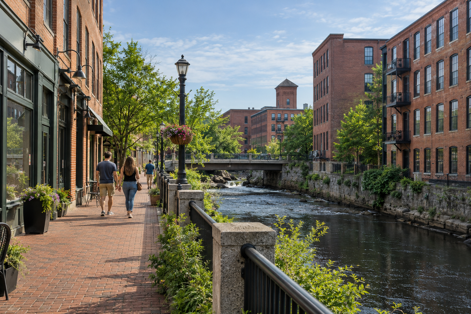Brick mill buildings beside a river in a New England downtown