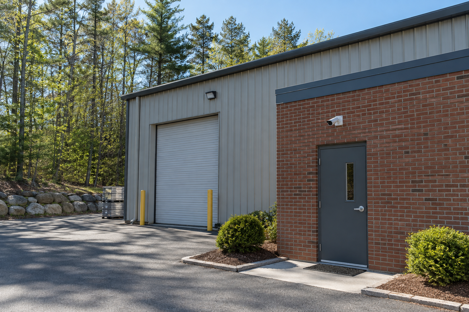 Small industrial workshop with a loading door and exterior security camera