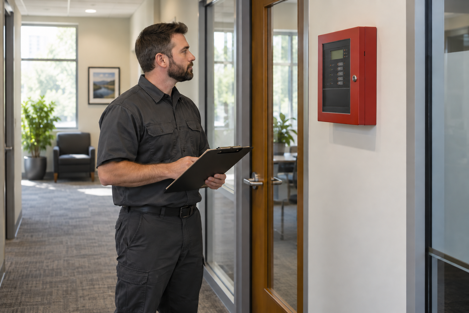 Technician documenting a fire alarm inspection in a small office