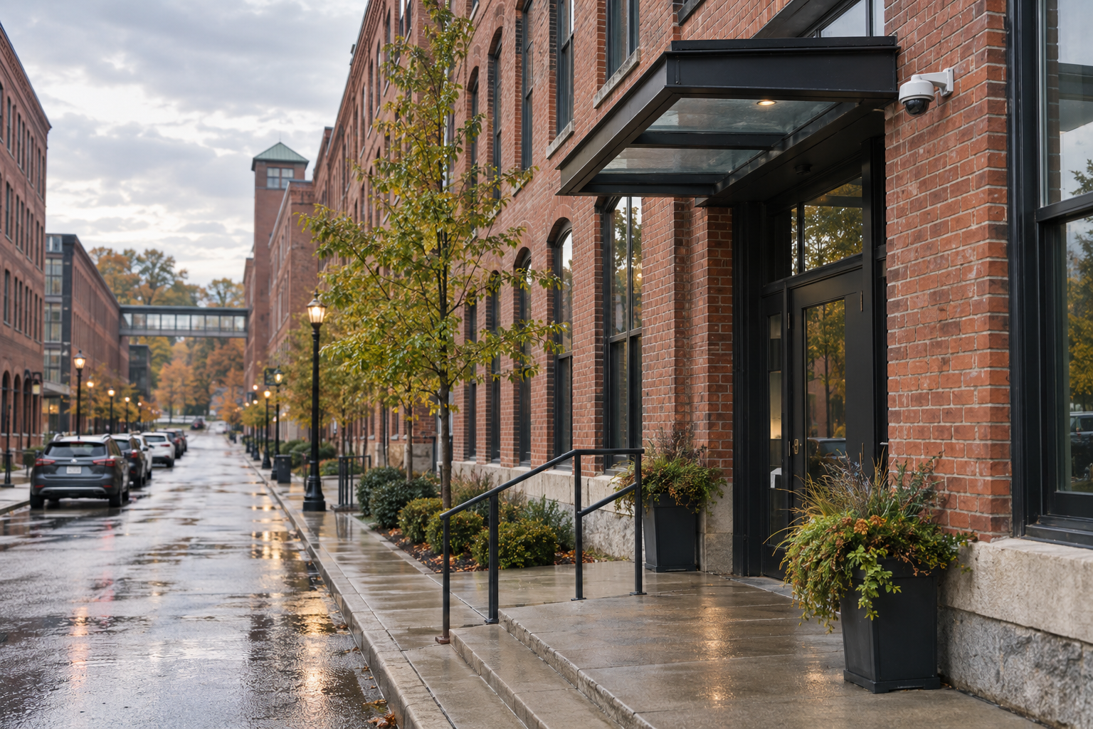 Brick mill district with urban apartments and small businesses