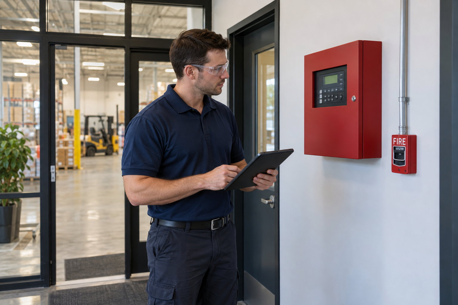 Technician reviewing a closed fire alarm annunciator at a warehouse entrance