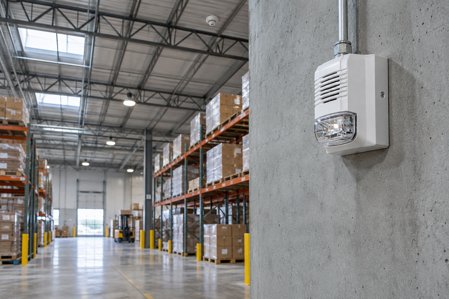 Wall-mounted fire alarm notification appliance in a warehouse
