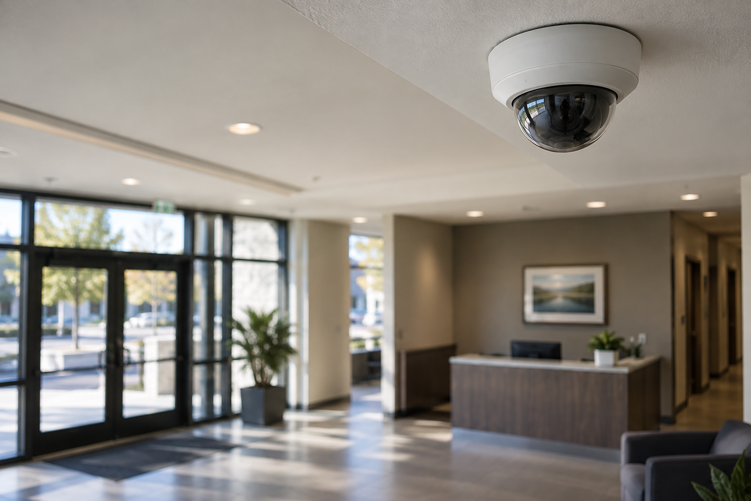 Illustration: Dome security camera on an office lobby ceiling