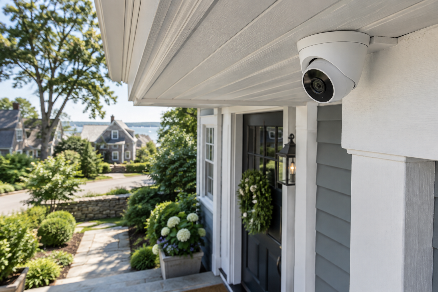 Illustration: Turret camera mounted beneath a residential porch soffit