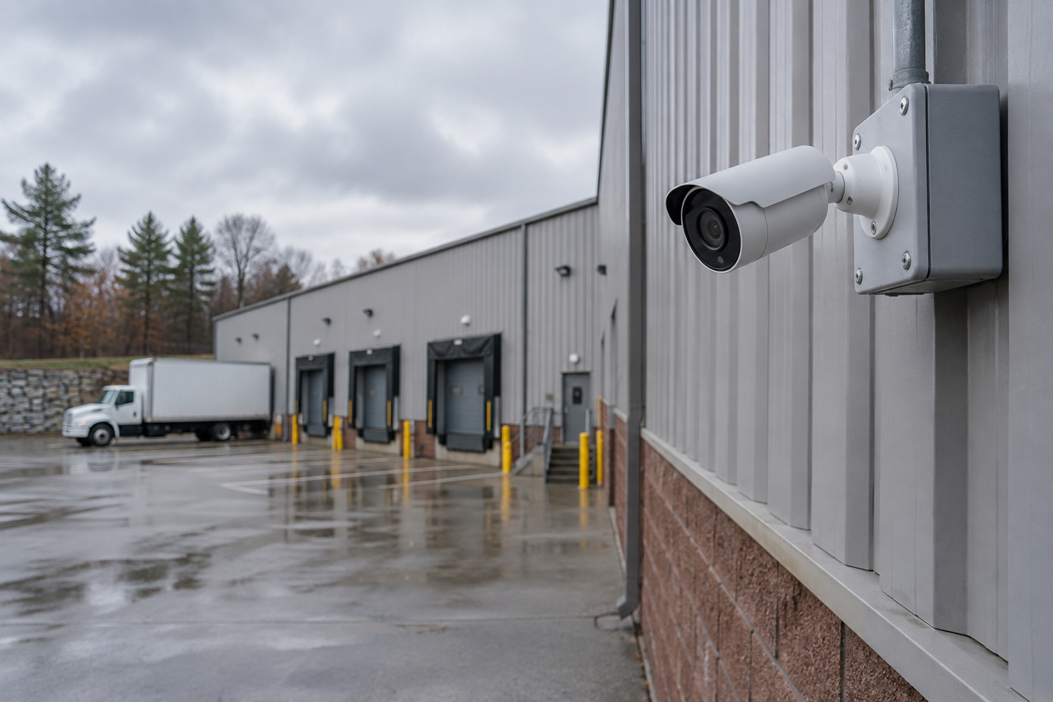 Illustration: Exterior bullet camera covering a warehouse loading area