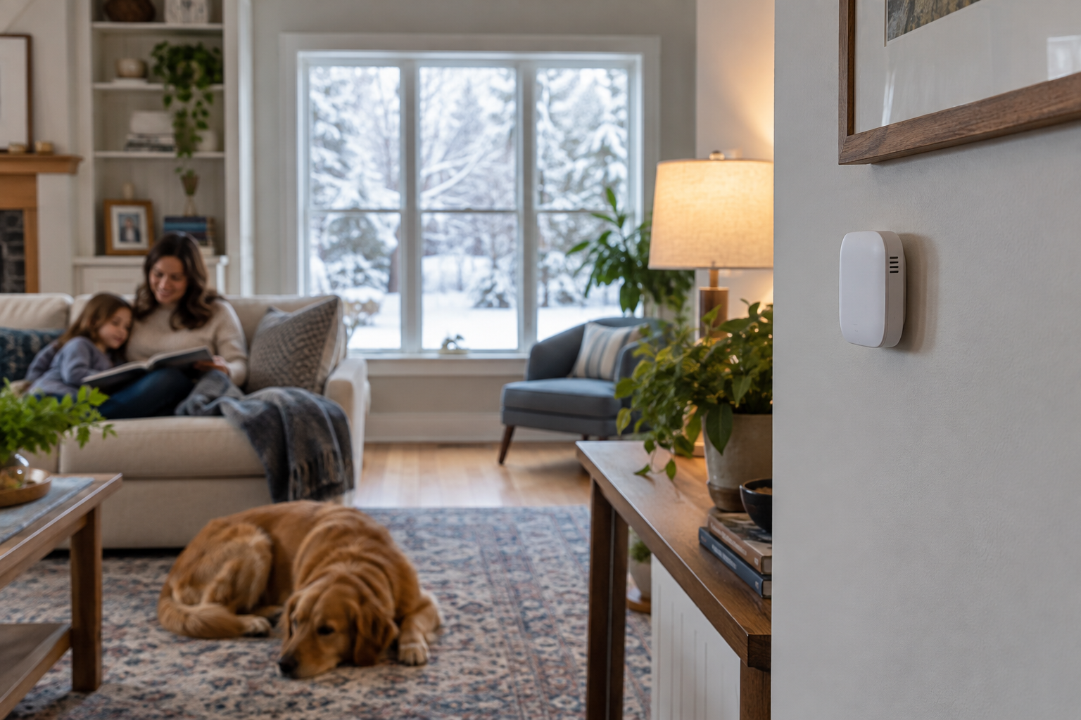 Illustration: Small temperature sensor in a home with a snowy view outside