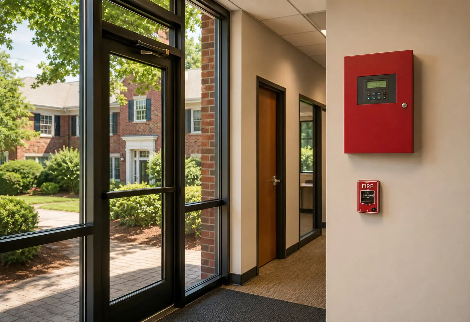 Commercial fire alarm control panel and manual pull station in a brick office building