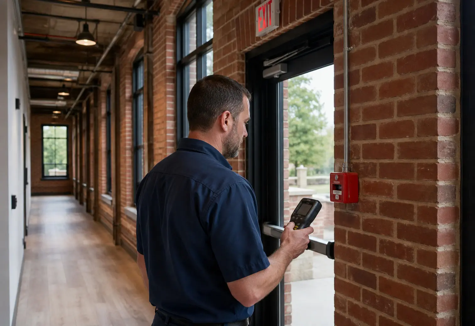 Technician inspecting a manual fire alarm pull station in a renovated brick commercial building