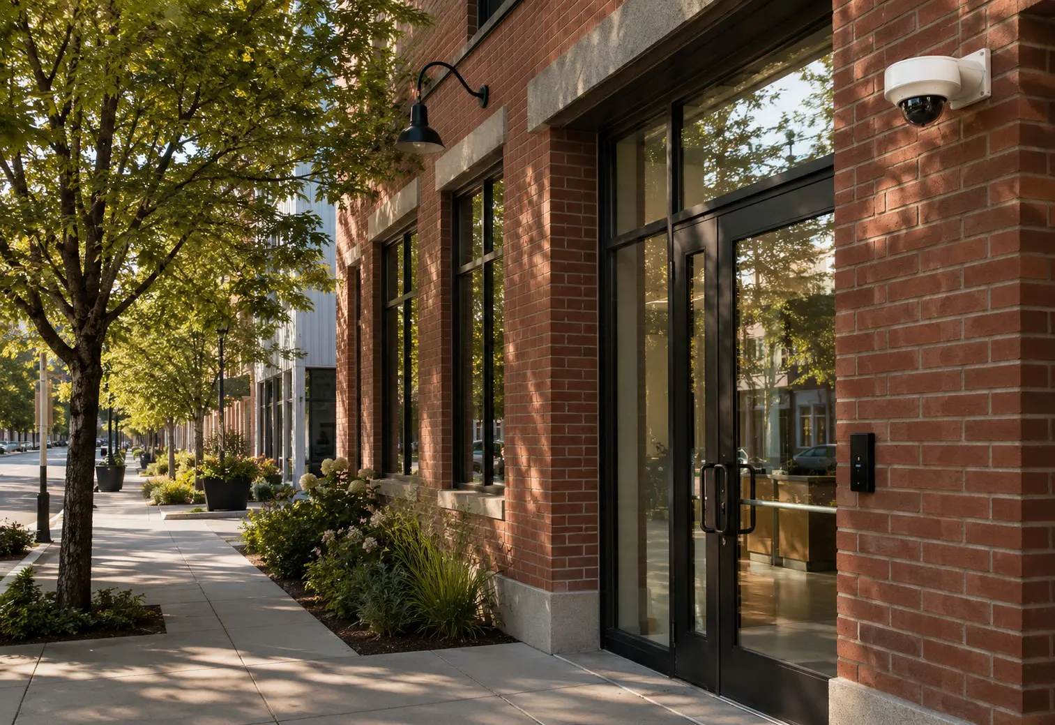 Security camera and card reader at the entrance of a renovated New England brick business